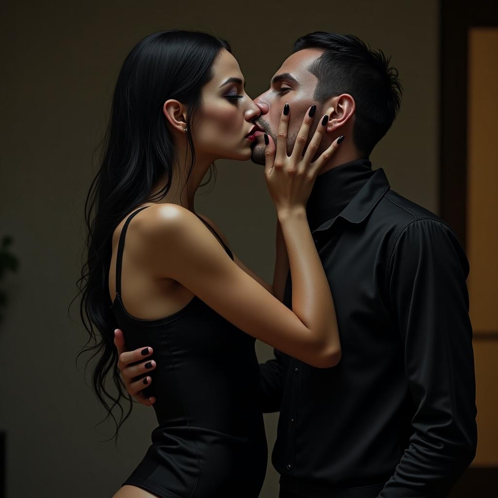 A striking image depicting a couple embracing in a close and intimate gesture. The woman, with long dark hair and dramatic makeup, and the man, with a rugged appearance and short hair, are posed in a moment of near-kiss. Their elegant black attire adds to the image's sense of sophistication and allure.