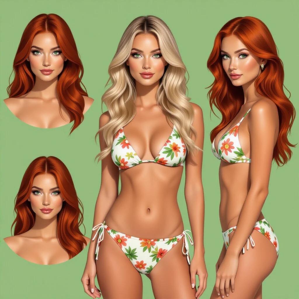 Blonde model not too thin with imperfect hair. Red and auburn hair styled sophisticatedly. Long loose hair with cut and layered ends. Light green eyes and freckled face. Skin tone slightly darker than light skin. Full body on a green background. Model in matching bikini to skin tone and hair. Friendly gaze and well-shaped mouth. Model height of 1.77m with proportional body. Realistic image of high quality without accessories. Model is barefoot.