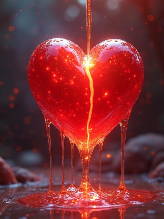 Liquid heart appears melted and dripping. Bright red color with glowing effect. Soft light enhances heart's surface.