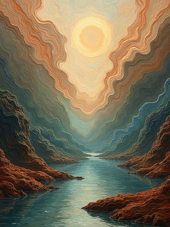 A surrealist landscape with flowing lines. Intricate details inspired by Renaissance and Impressionist styles. Rich textures resembling chocolate and cream. Color gradients in blues, greens, and warm earth tones. Soft lighting enhances the surreal quality of the scene.