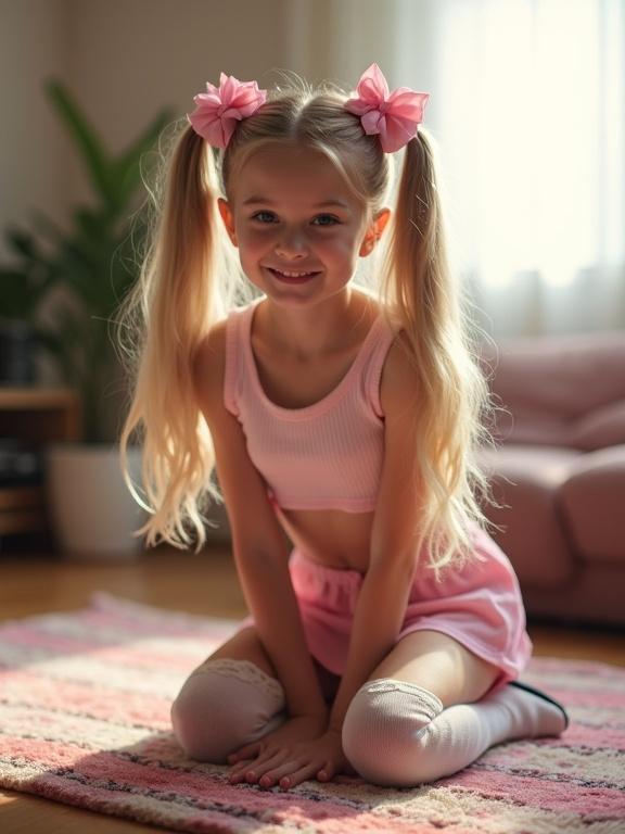 A teen with long blonde hair in twin tails and pink bows kneels on a colorful rug in a softly lit living room. She wears a short crop top, pink skirt, thigh-high socks, and black shoes. The image captures a flirty smile and a beautiful face.