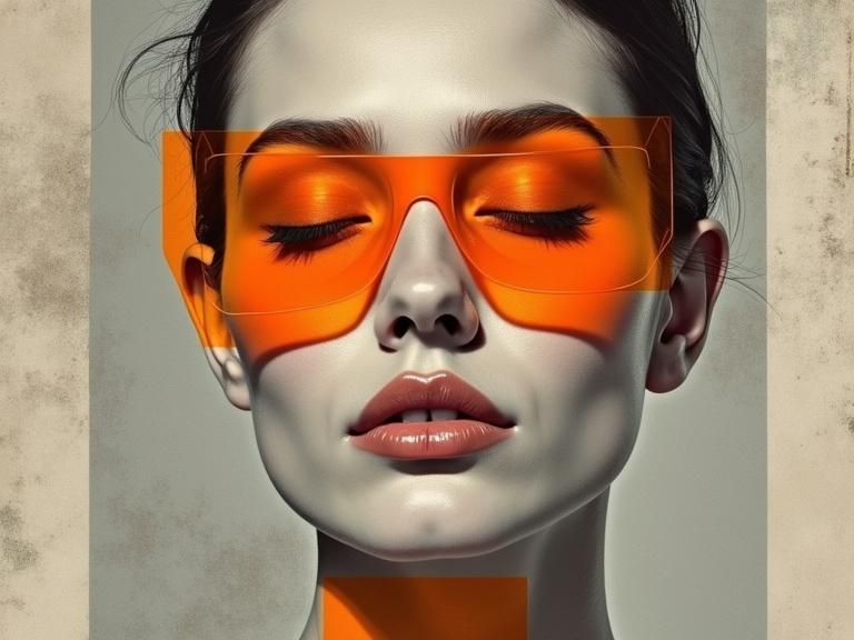 Stylised portrait of a person with closed eyes. Glossy lips and calm expression. Face has geometric orange and grey patterns. Large orange-tinted glasses blend with design. Set against textured muted background.