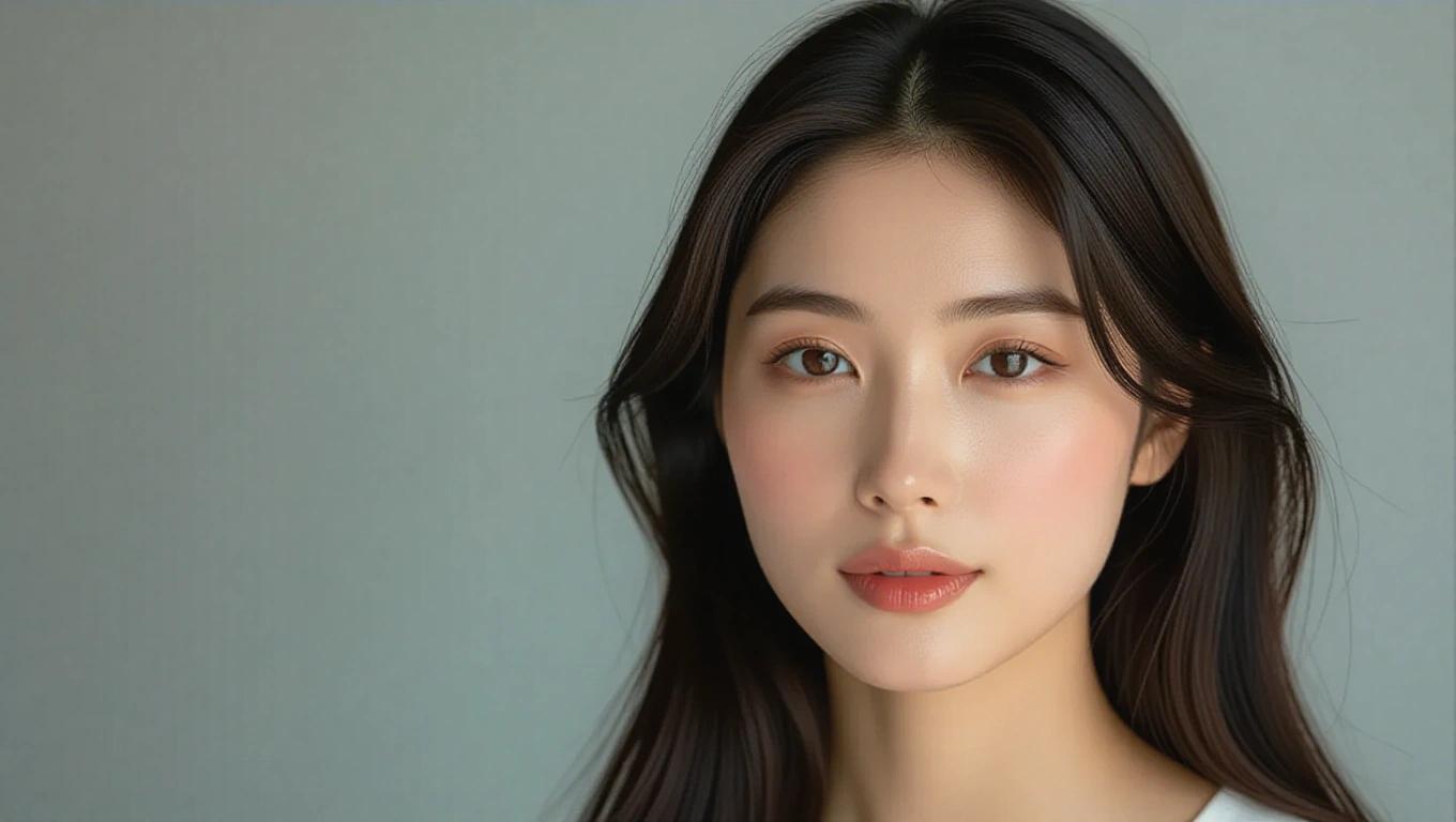 Ultra-realistic photograph of a woman. Head and shoulders portrait. Natural long black hair. Smooth clear skin. Minimal makeup highlights beauty. Gentle calm expression. Soft lighting enhances details. Studio setting with neutral background. High-resolution DSLR photo.
