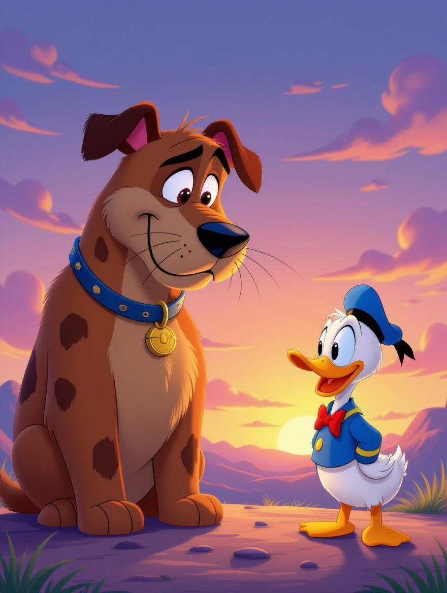 A cheerful dog character with a Pixar-like style stands near Donald Duck. The dog has a friendly expression showcasing soft features and a deep brown coat. Donald Duck, in his blue outfit, looks at the dog with concern. The background features a beautiful sunset with warm tones. Both characters are positioned on a path surrounded by hills and clouds.