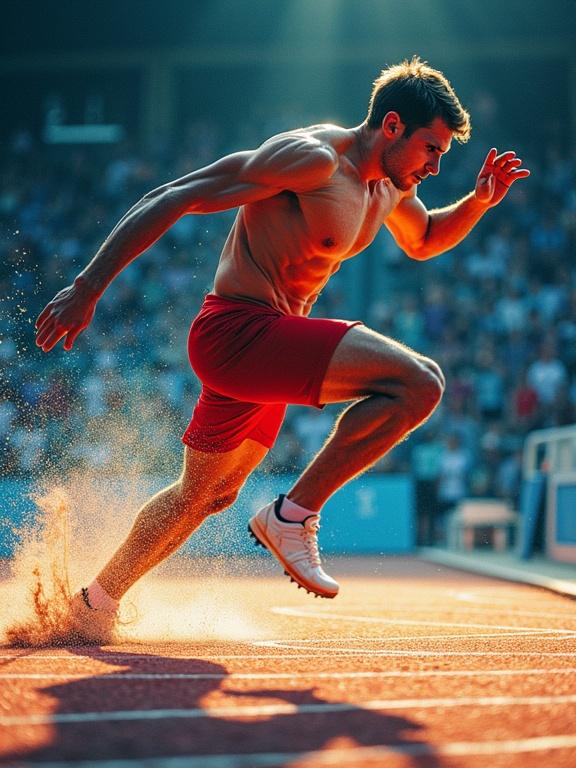 Stunning 8k hyper detailed photograph of Olympic athlete in mid-action. Athlete is sprinting on track with intense focus. Dramatic lighting highlights muscular definition. Impactful scene with vibrant colors and blurred background, emphasizing movement.