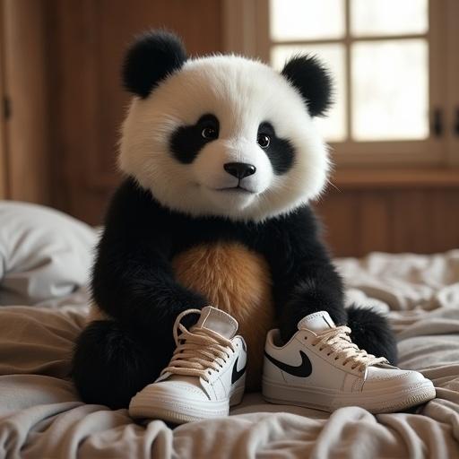 Panda character sitting on bed looks sad holding torn sneakers. Focus on panda's expression and sneakers.