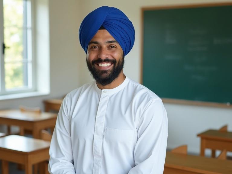 Omani male teacher 45 years old wearing traditional white dishdasha and blue turban smiling confidently in a bright modern classroom with wooden desks chalkboard and natural window light