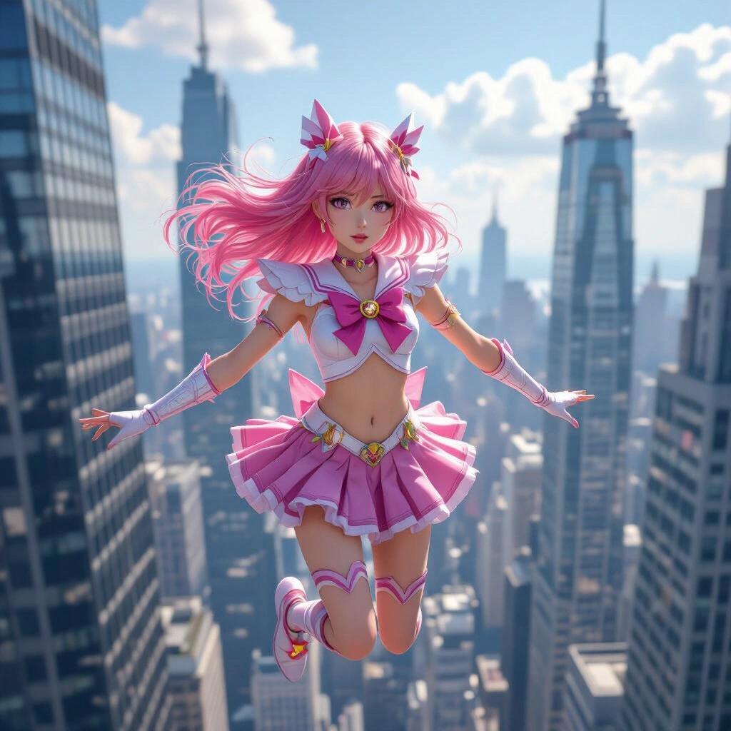 Photorealistic young girl with pink hair in magical girl outfit flying among skyscrapers