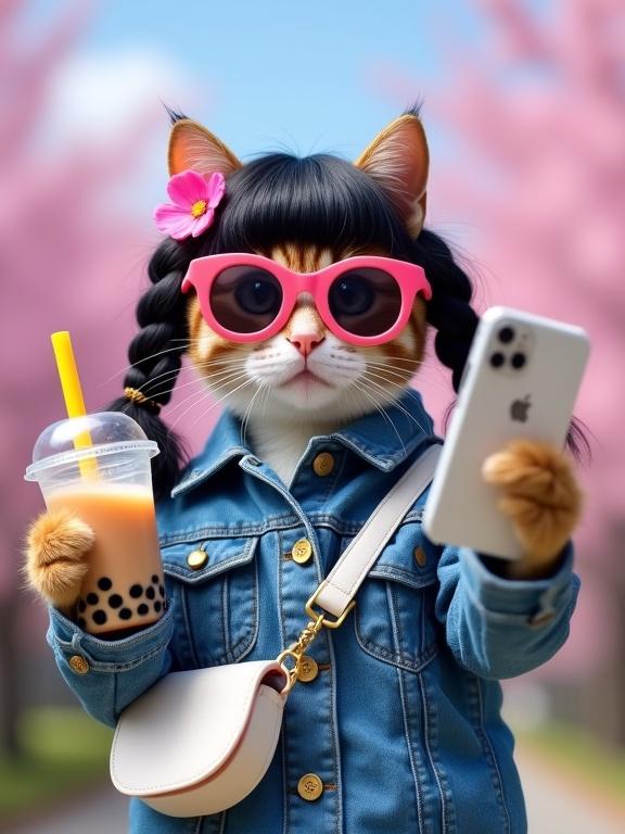 Cat in trendy outfit with pigtails and sunglasses. Cat holds bubble tea and iPhone. Background with cherry blossoms and blue sky.