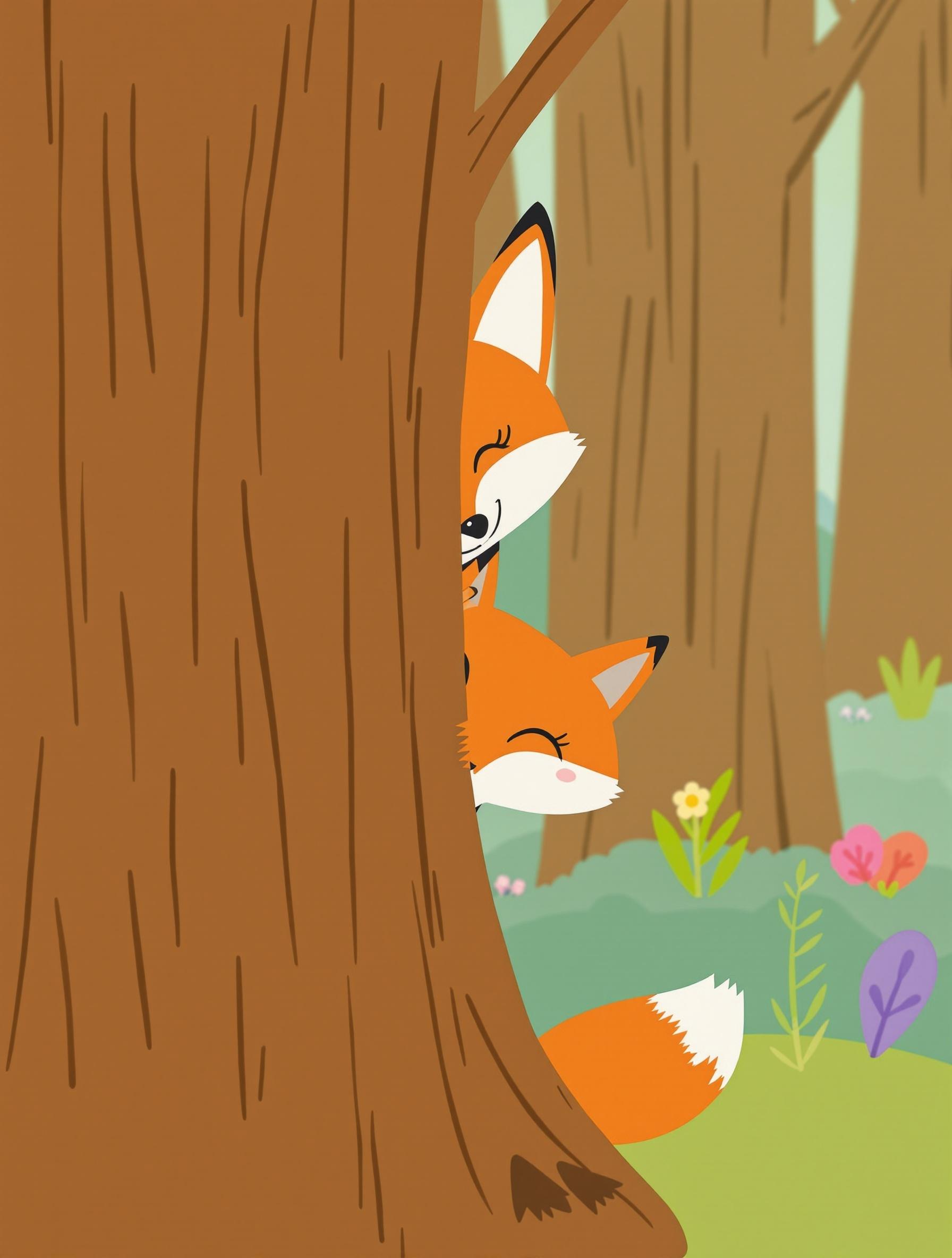 Adorable forest creatures illustrated in cheerful colors. Foxes with playful expressions peek from behind a tree. Bright and friendly backgrounds.