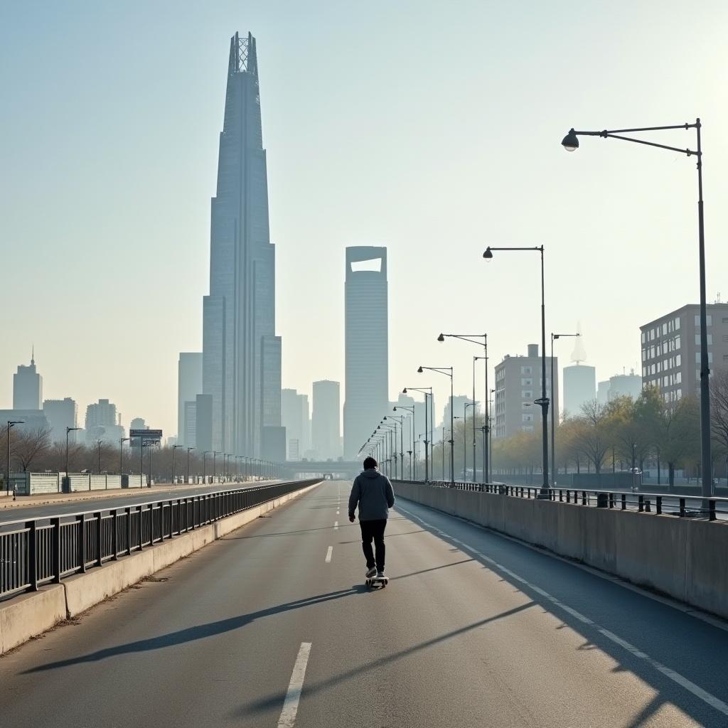 A person skateboards down an empty urban highway. In the background, there are towering modern skyscrapers creating a striking cityscape. The setting is during the day with soft lighting. The road is wide and seemingly endless, leading towards the skyscrapers. This image captures the spirit of urban exploration and the freedom of skateboarding.