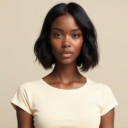 High resolution photorealistic portrait of a Black woman with medium-length hair styled in a sleek bob. She wears a plain cream T-shirt. Image framed from head to just below the chest. The subject is centered, with a neutral expression and rich, deep brown skin. Soft lighting highlights her features with no harsh shadows. Clean, minimalistic background.