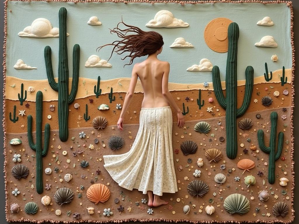 Primitive desertscape quilt with a naked woman as the main subject. Features mixed media elements like fabric, dried flowers, buttons, shells, threads, yarns, and encaustic wax. Detailed textures and a range of materials used throughout the artwork.