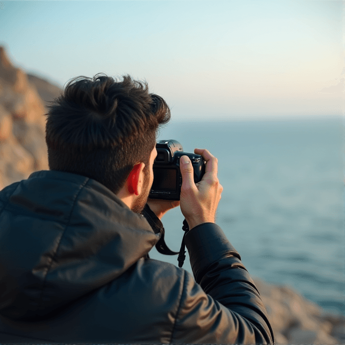 A person in a jacket is taking a photograph of the ocean using a camera.