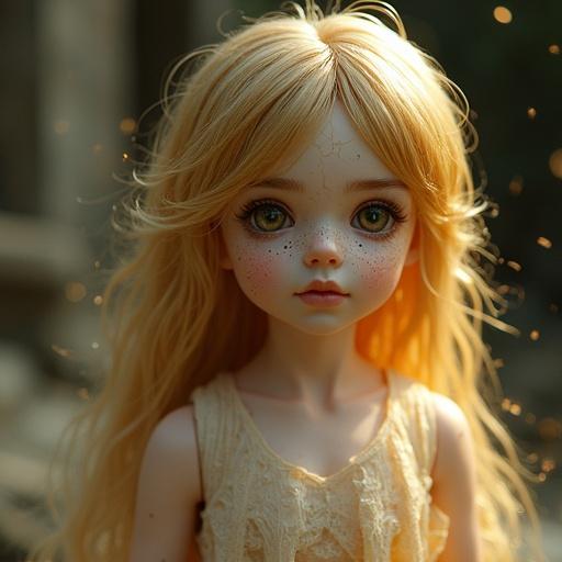 Ultra-realistic representation of a divine doll resembling a goddess. Features porcelain skin with a cracked surface and jewel-like eyes. Dressed in a flowing, glowing attire. Set among temple ruins. Emphasizes an ethereal aura and soft atmospheric lighting, embodying beauty and fragility.