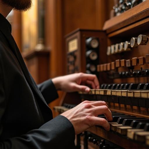 Close-up of a musician's hands playing a pipe organ. Warm indoor setting. Focus on organ keys. Prague as cultural background.