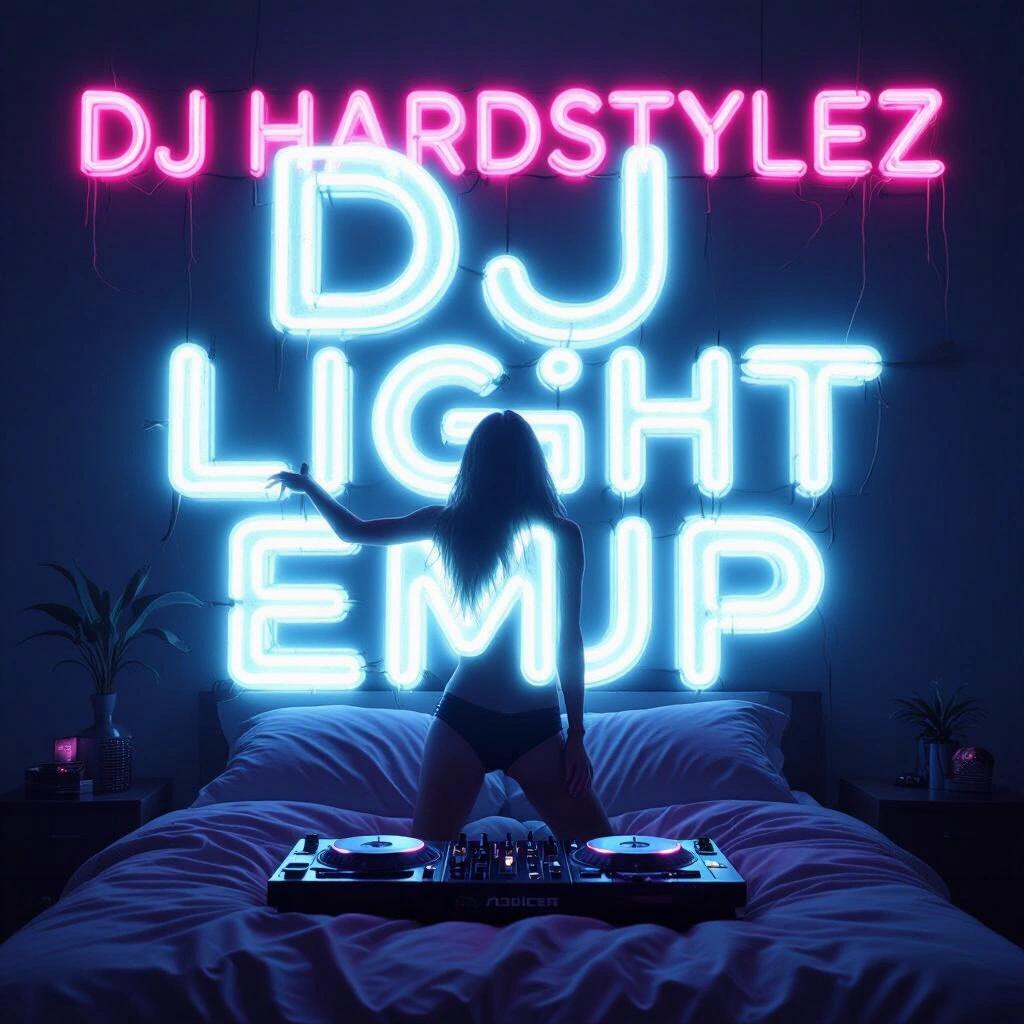 Raw photo of a complex artwork featuring a dark neon bedroom with a silhouette beside a DJ setup. Album cover design includes the text DJ Hardstylez and Light Em Up.