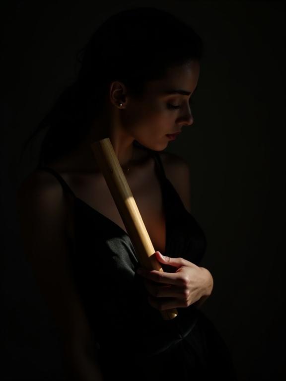 Cinematic ultra-realistic video styled as a high-end editorial fashion film. A woman in a dark silk dress illuminated by chiaroscuro light. She holds a polished bamboo tube close to her dress. The lighting highlights the bamboo's grain and her profile. The background is pitch black.