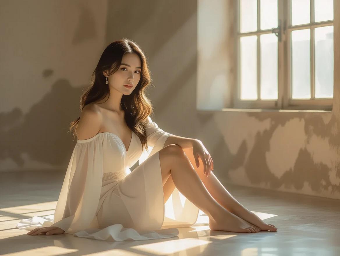 A woman sits on the floor in a dimly lit room. She wears an off-the-shoulder white dress. Sunlight streams through windows behind her. Shadows create a dramatic effect. The room has textured walls. The atmosphere is tranquil and introspective.