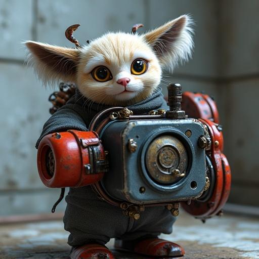 3D character design featuring a mechanical creature with a turbo device. Cute character with large eyes and furry ears. A blend of technology and fantasy elements. Character wearing a mechanic outfit with gear and turbo mechanics.