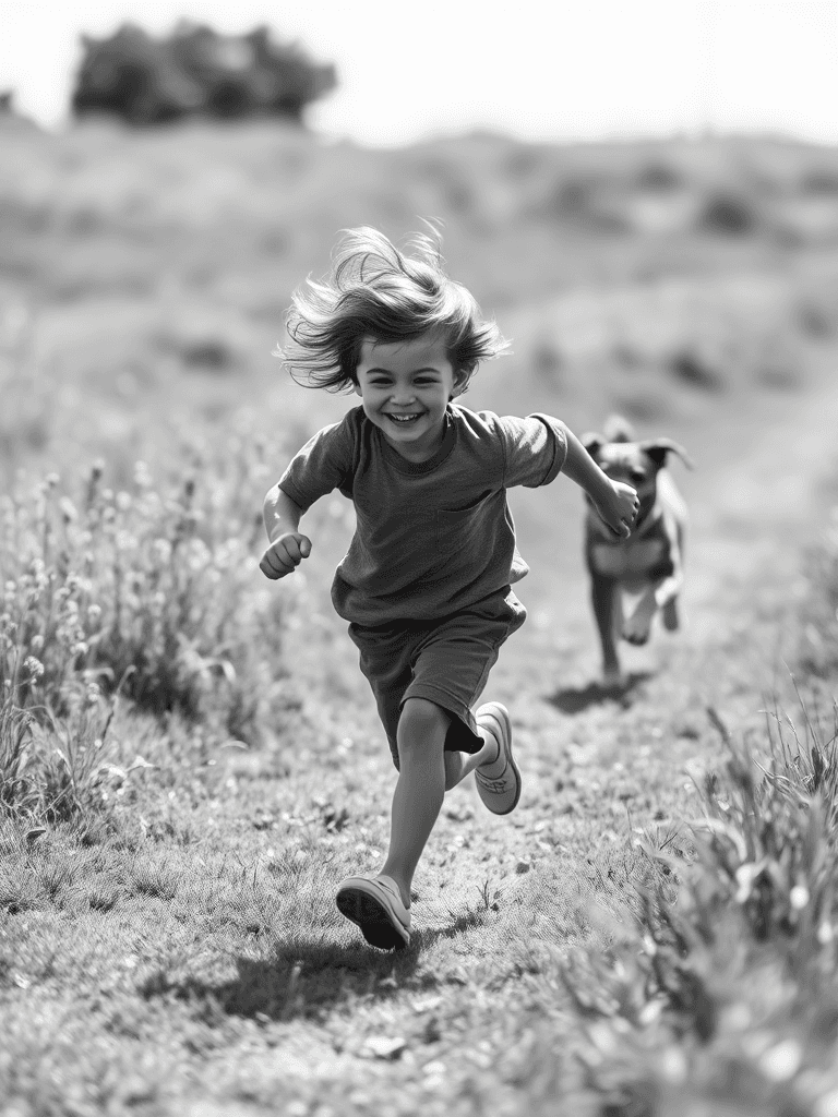 A child and a dog running happily through a grassy field.