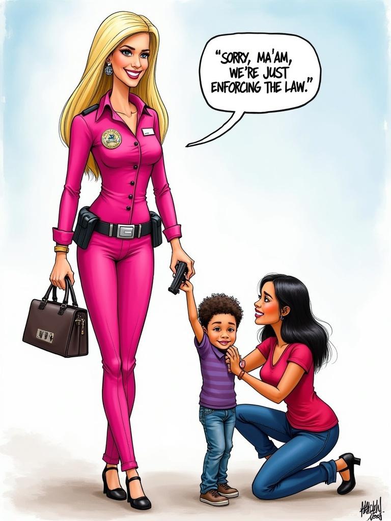 A tall blonde woman dressed like Barbie holds a designer handbag and a pistol. She has a smirk as she comforts a sad Latino boy. The boy's mother kneels and reaches out for him crying. The setting is minimalistic but emotionally intense. The woman says she is enforcing the law.