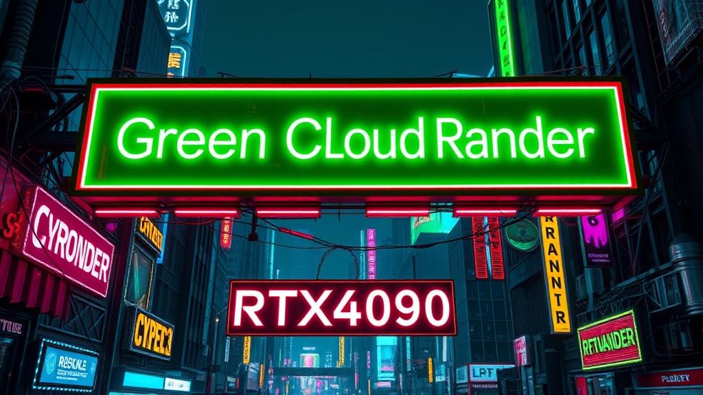 The image portrays a vibrant, futuristic city scene dominated by colorful neon signs. The main sign, glowing in bright green, displays the text 'Green Cloud Rander'. Below it, a red neon sign reads 'RTX4090'. The background is filled with a variety of other neon ads and signs, creating a lively and bustling urban atmosphere.