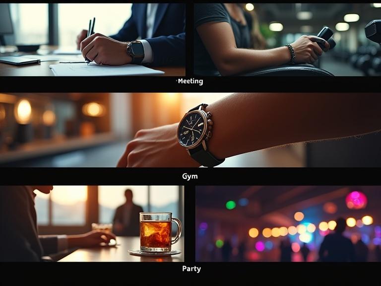 A cinematic storyboard displaying a stylish watch on a hand across five scenarios. First panel shows a business meeting with pen and documents. Second panel captures a gym scene with a dumbbell. Third panel depicts a coffee cup on a table in a cafe. Fourth panel illustrates a party atmosphere with drinks. Fifth panel focuses on the watch with a glowing logo. Each section has a clear title: Meeting, Gym, Cafe, Party, Final.