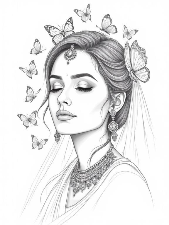 Line art illustration of a young Indian bride. Features serene expression and intricate jewelry. Butterflies cluster around head. Emphasis on cultural authenticity and expressive details.