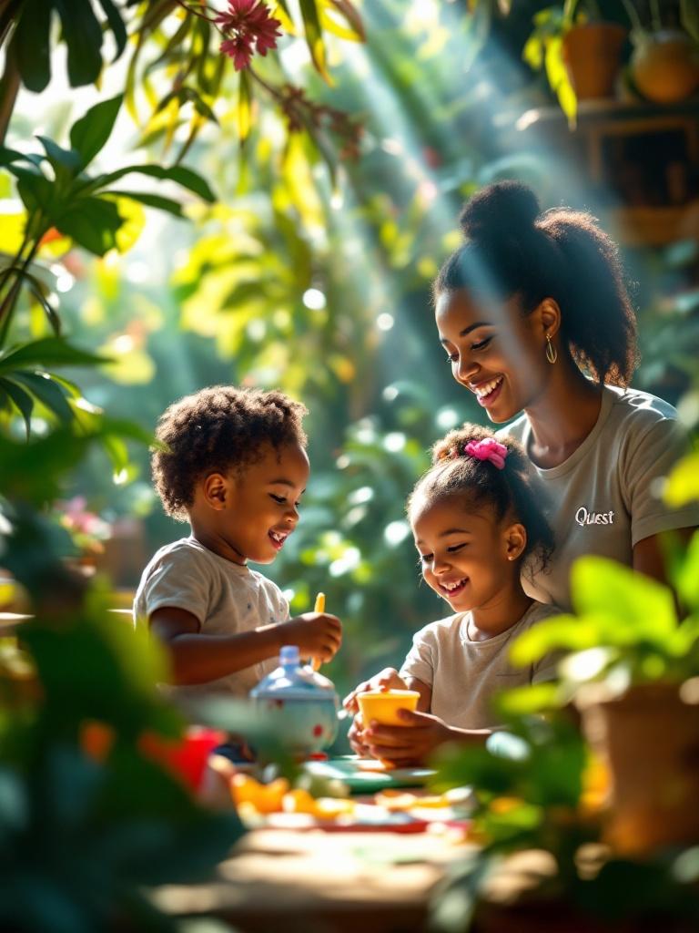 Image in a vibrant Caribbean daycare setting. Teacher engaging with two three-year-old children. Teacher wearing shirt with 'Quest' embroidered. The scene is lively and colorful. Sunlight filters through tropical plants. Bright and inspiring atmosphere. Children involved in educational activities with cultural and natural influences.