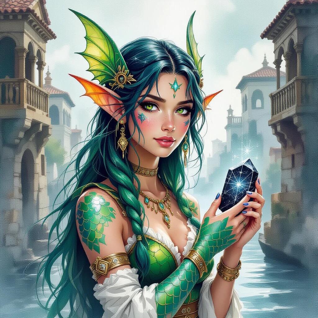 Illustration of a teenage Triton fish-female character in an Ancient-Grecian-Fantasy port city. Character has sharp finned ears and green-blue scaled skin. Wearing Ancient-Greek-Fantasy clothing and holding a black stone that casts constellations. Long green-blue hair. The environment includes a dreamy background with ancient architecture and elements of fantasy.