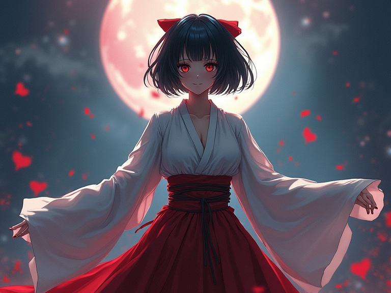 A beautiful character dressed in a traditional miko outfit stands dramatically against a full moon backdrop. The character has short black hair and captivating red eyes. Hearts float around the scene, adding a romantic touch. The image features cinematic lighting and a dynamic action pose, creating an engaging atmosphere.