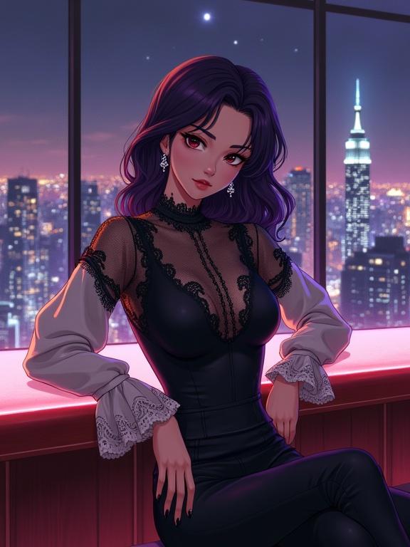 A beautiful woman with dark violet hair styled in soft waves sits at a luxurious bar counter. She wears an elegant black lace and silk blouse. Dramatic flared white sleeves with delicate lace trim at the cuffs. Sparkling earrings adorn her ears. She has a mysterious gaze and slightly aloof expression. The background features a night cityscape with towering skyscrapers and shimmering lights. The image is rendered in a Japanese anime style.