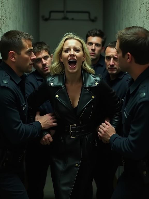 A young woman in a black leather biker coat is in a dimly lit interior. She screams surrounded by men holding her. The setting appears rugged and tense. The lighting highlights her face while the men are out of focus. The scene conveys distress and confrontation.
