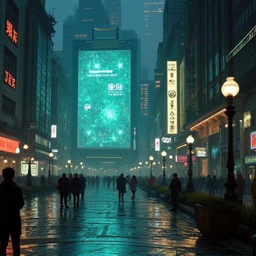 Illuminated urban scene featuring a large digital billboard in a foggy environment. People walking through the city streets. Neon signs prominently displayed around.