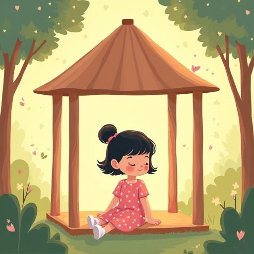 A flat-style children’s illustration features a little girl named Leila sitting inside an artistic house. Leila, with short black hair in a ponytail, is wearing a pink dress with white polka dots and white shoes. She smiles with her eyes closed. The house has wooden pillars and a dome-shaped roof. Surrounding her are green trees, singing birds, and magical sparkles under warm sunlight.