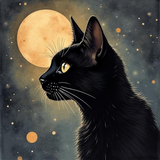 Celestial ink painting showcasing a side profile of a black cat. Full moon in the background. Starry sky with floating orbs. Illustrative style emphasizes the cat's whiskers and expressive eyes.