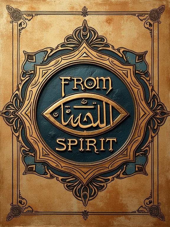Modern book cover design titled From Sand to Spirit. Central Pharaonic eye. Islamic Kufic typography. Subtle Coptic tapestry texture in background. Elegant and high contrast. Culturally inspired.