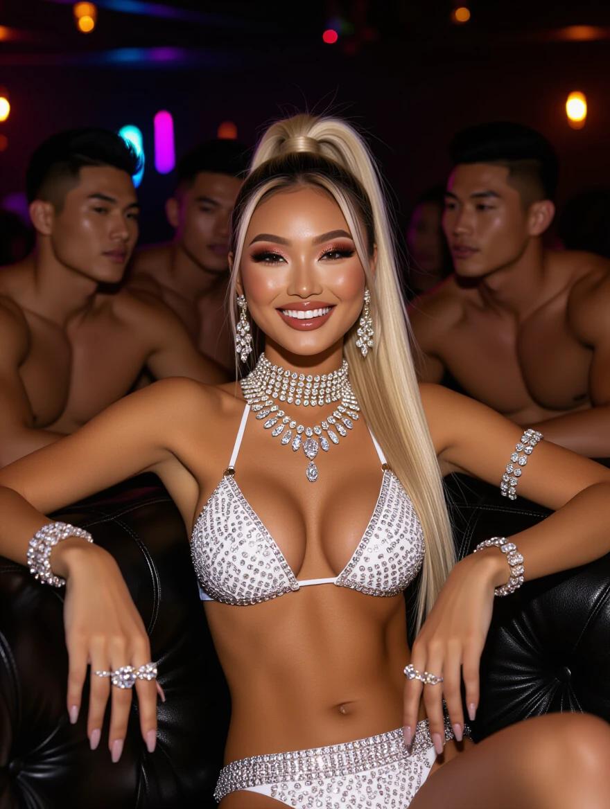 Asian model in edgy wedding bikini with high blonde ponytail. She wears heavy crystal jewelry. Bright makeup enhances her look. She exudes a smiling and relaxed vibe. Seated on a sofa in a trendy nightclub lounge. Surrounded by black muscular friends.