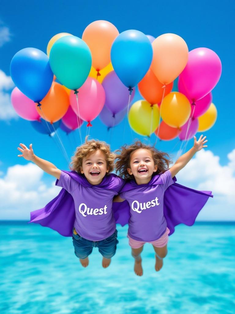 Two joyful kids floating in the air with colorful balloons over clear blue water. Both kids are wearing purple capes. Shirts have the word 'Quest'. Child's clothing is comfortable and playful. Soft focus background of the Caribbean Sea.