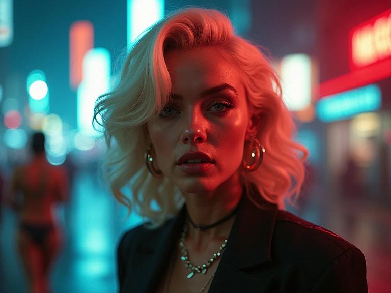 Portrait of a stylish woman with glamorous wavy hair in a cyberpunk setting. Neon lights illuminate the background. The atmosphere feels futuristic and urban with a blend of vintage glam.