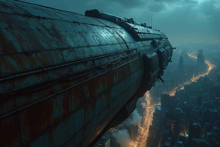 Hyper-realistic nighttime scene featuring massive ancient spacecraft gliding over New York City. Camera tightly mounted on rusted wall of the spacecraft. Weathered and covered in rust and scratches. Faint glow from thruster light at the rear. Below, New York City skyline sparkles with brightly lit skyscrapers and Times Square glow. Steam rises from dark alleys. Ship’s shadow moves across rooftops. Hull close-up reveals rivets and surface grime. City beneath visible with panoramic sense of altitude. Soft atmospheric haze surrounds ship as it moves silently.