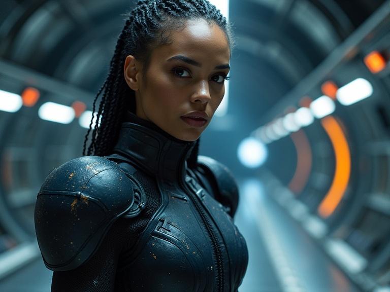 Minbari race young woman in futuristic armor standing in a space station corridor. The setting has a sci-fi ambiance. The background features a soft focus with glowing lights and a vanishing point leading deeper into the station.