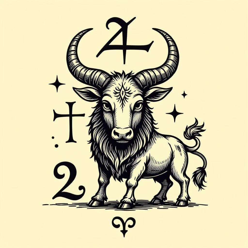Illustration of Taurus mixed with Phoenician letter Aleph. Taurus represented as a bold bull with intricate details. Elements include stars and numbers.