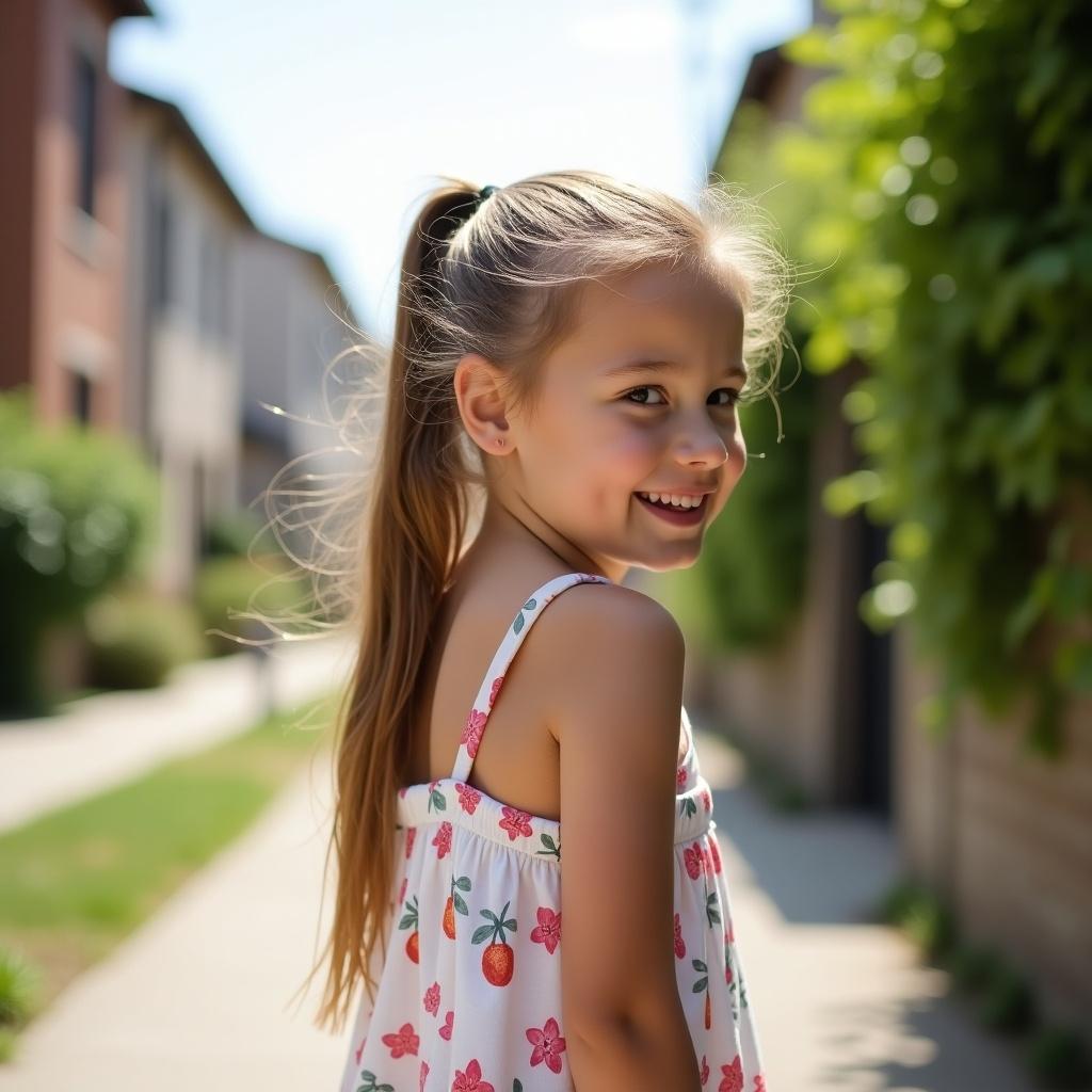 Image shows young girl with long hair tied in a ponytail wearing bikini. She stands outdoors facing away from camera showing full body and smiling. Background includes buildings and greenery. Atmosphere is relaxed and summery.