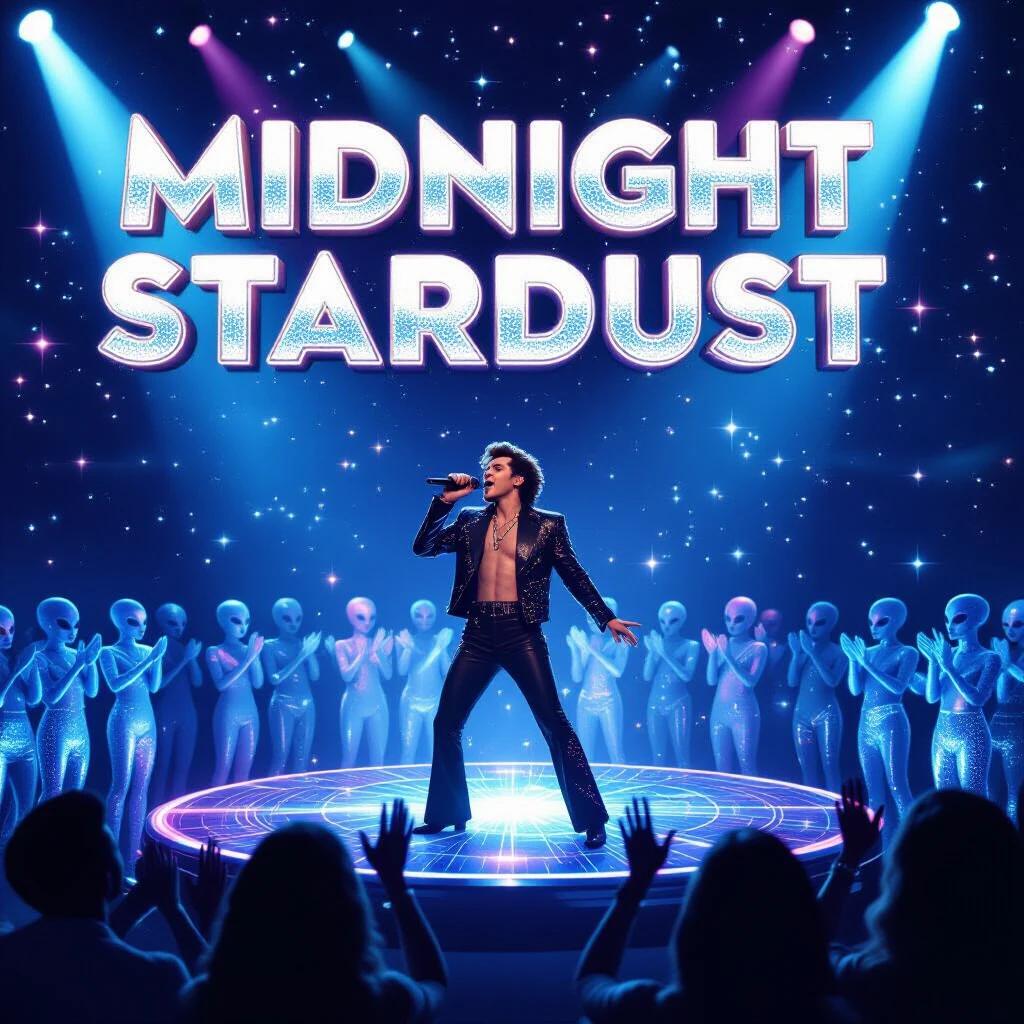 Midnight Stardust movie poster featuring Harry Styles. Title in retro-futurist bubble font with glitter. Harry Styles performs on a disco stage in zero gravity. Holographic aliens clap. Interstellar spotlight beams create rich colors and sparkles.