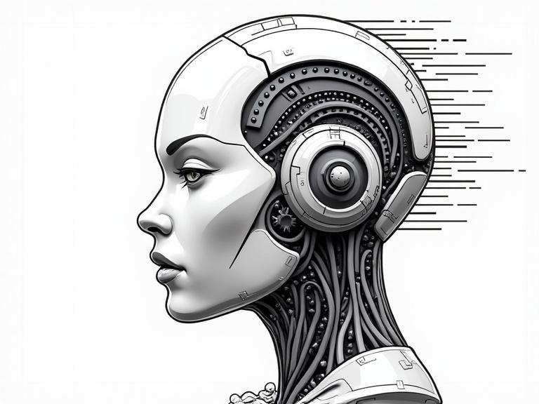 Vector style robot head design. Black and white color scheme. Creates 3D illusion. Features long line patterns and ornamental elements.