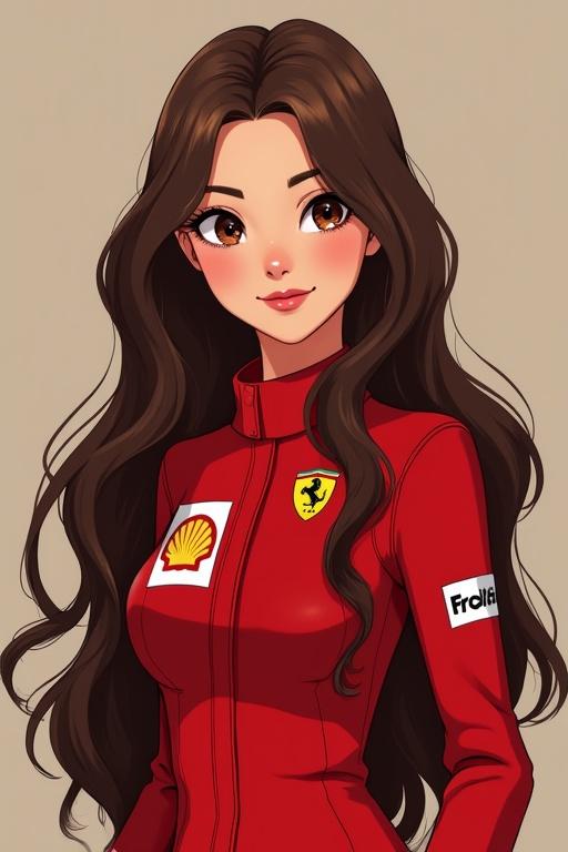 Generate one girl with long brown hair and brown eyes. She is thin and wears a Formula 1 Ferrari uniform. The character resembles a Disney animated style. The image should look complete and polished.