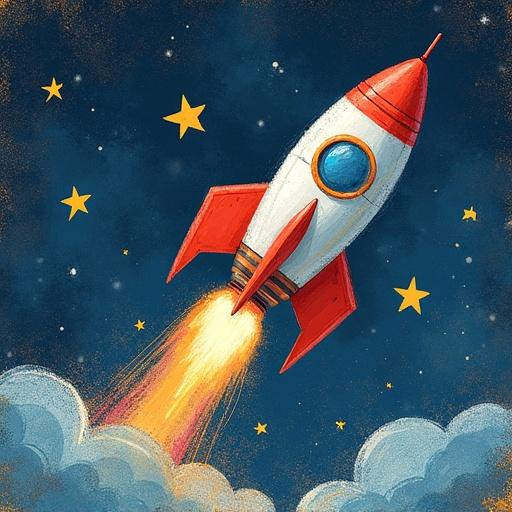 Crayon-drawn rocket flying over scribbled stars. Whimsical childlike illustration style with paper texture and hand-drawn charm. Bold primaries and soft pastels create a vibrant scene. Warm storybook lighting adds to the charm.