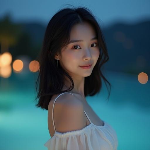 Korean young woman with black hair and large expressive eyes. She has a gentle smile and elegant features. Wearing a flowing white dress and high heels. In an infinity pool at night with a soft glow. High resolution and detailed.